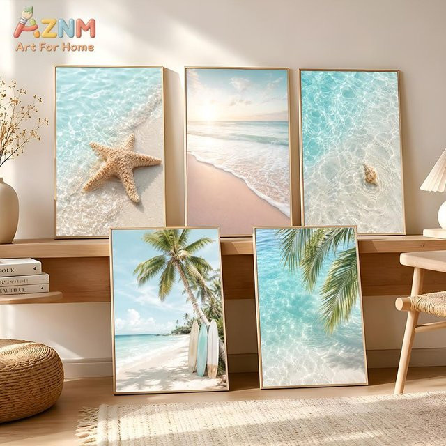 AZNM Leinwand-Wandkunst Tropischer Strand mit Palme und Seestern in Mehrfarben - Bild 1