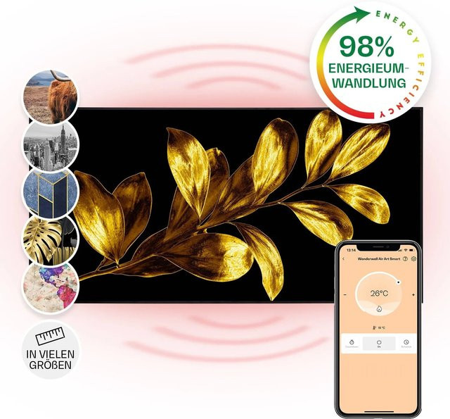 Klarstein Wonderwall Air Art Smart Infrarotheizung mit App-Steuerung, Motiv Goldenes Blatt, Schwarz, B: 120 cm, H: 60 cm, T: 60 cm - Bild 1