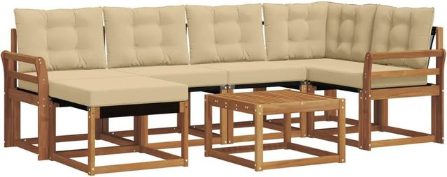 vidaXL Sofa Set 7-teilig L-Form aus Akazienholz und Textilene in Natur-Beige mit Kissen - Bild 1