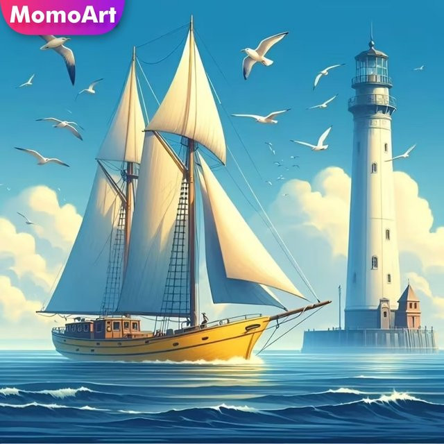 Momoart Diamant-Mosaik DIY Set Boot-Landschaft mit Leuchtturm in Multicolour, Breite: 20 cm, Höhe: 20 cm - Bild 1