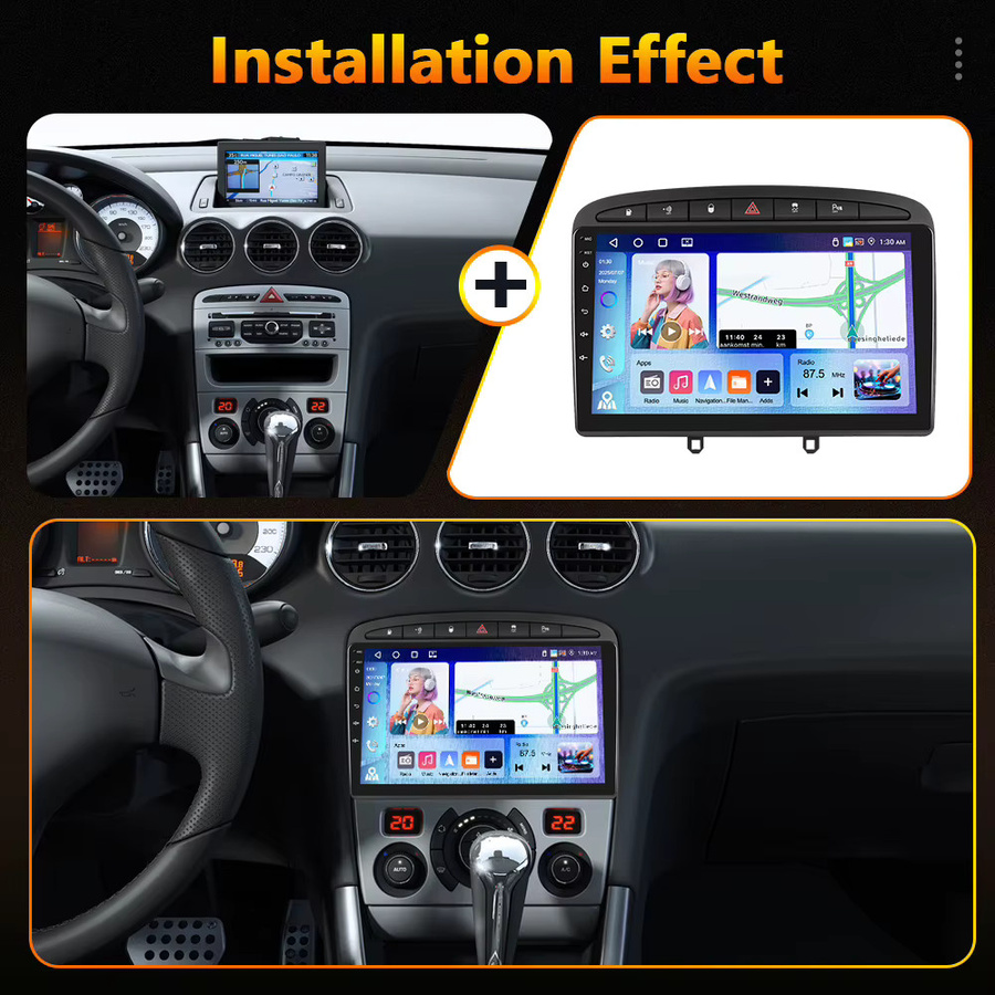 Podofo 4G Wireless CarPlay Android Autoradio mit GPS für Peugeot 308 408 2007-2015 in Schwarz - Bild 2