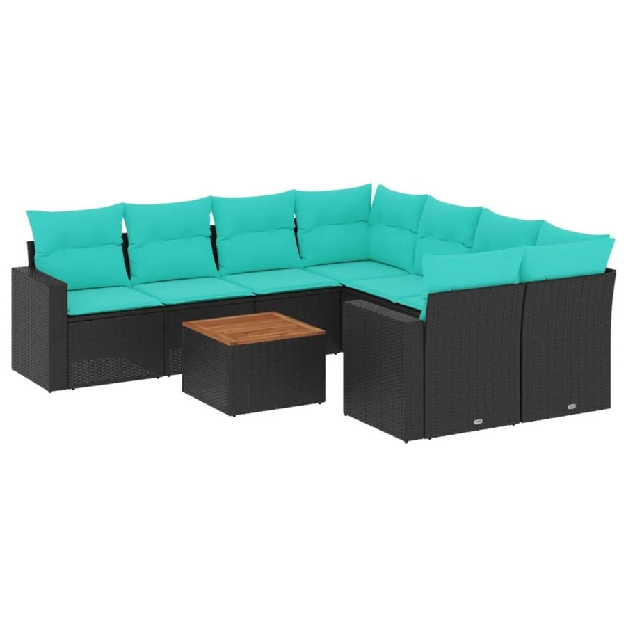 vidaXL 9-teilige Garten-Sofagarnitur aus Poly-Rattan und Akazienholz in Schwarz mit blauen Kissen - Bild 2