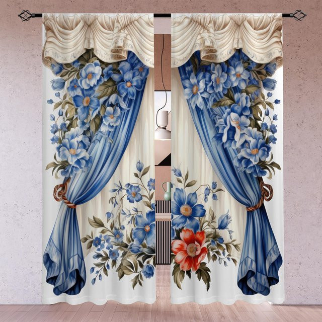 2er-Set Yiran Furniture Dekorative Vorhänge im Europäischen Stil mit 3D-Druck, halbtransparent, Polyester, Mehrfarbig, Breite: 100 cm, Höhe: 130 cm - Bild 1