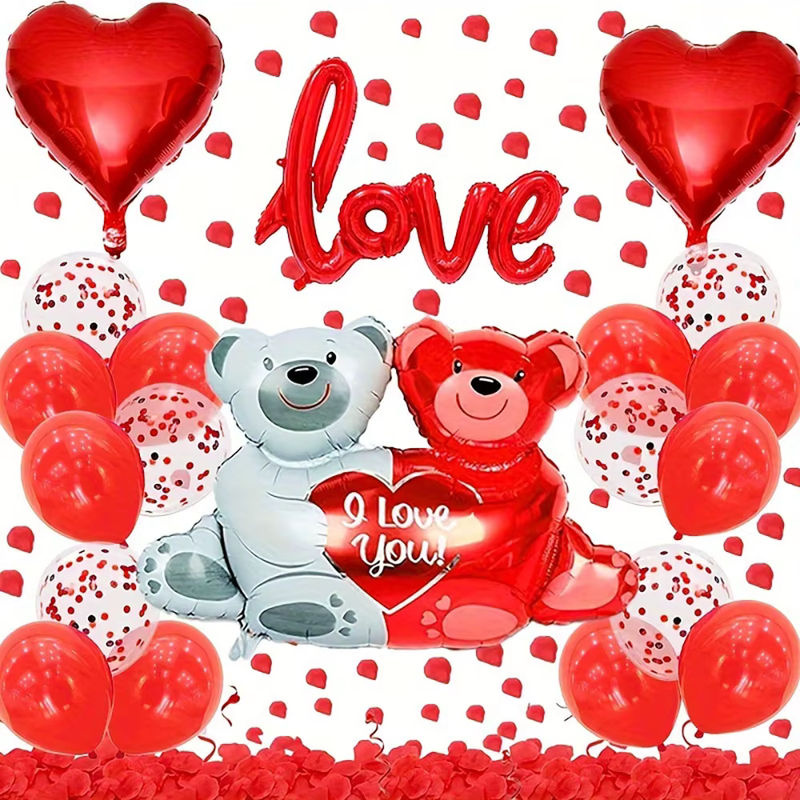 Romantisches Valentinstag-Dekorationsset mit I Love You Ballon, roten Kunstblumen und Herzen in Rot - Bild 3