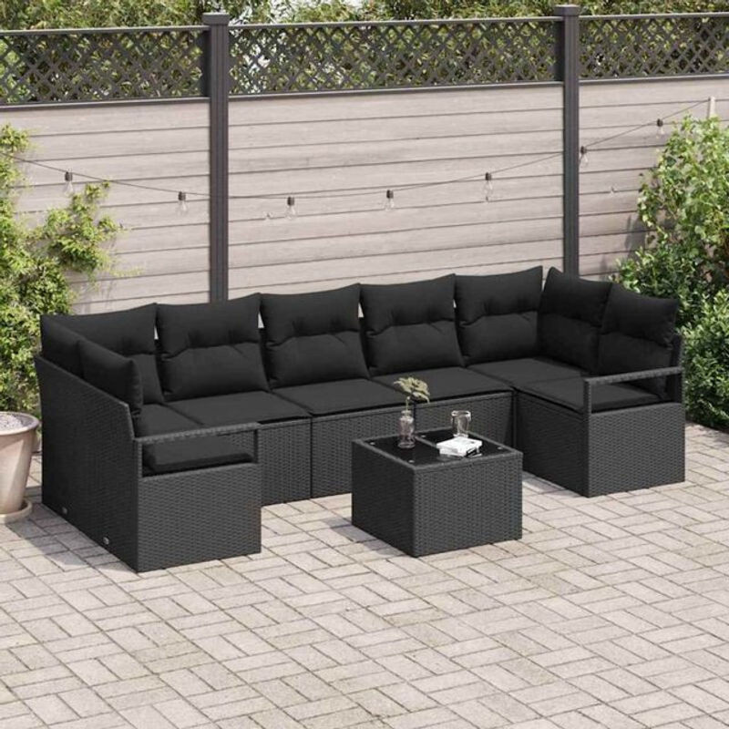 Vidaxl Garten-Sofa-Set aus Polyrattan mit 8 Kissen in Schwarz, modernes Loungemöbel-Set mit Stahl und Glas, B/T/H: 55 x 55 x 37 cm - Bild 1