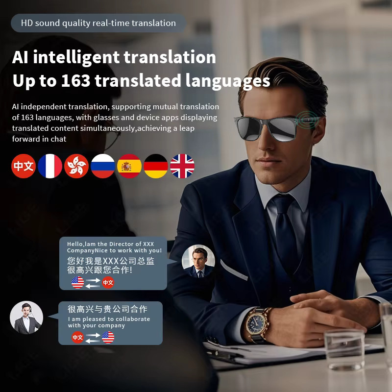 LIGE Smartbrille mit KI-Übersetzung, Bluetooth-Kopfhörer für Anrufe und Musik, Sonnenbrille mit UV-Schutz, Farbe: Schwarz - Bild 3