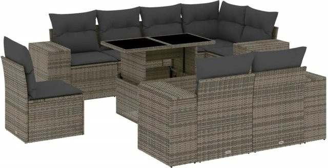 vidaXL 9-tlg. Garten-Sofagarnitur aus Poly Rattan in Grau mit Kissen und L-Form - Bild 1