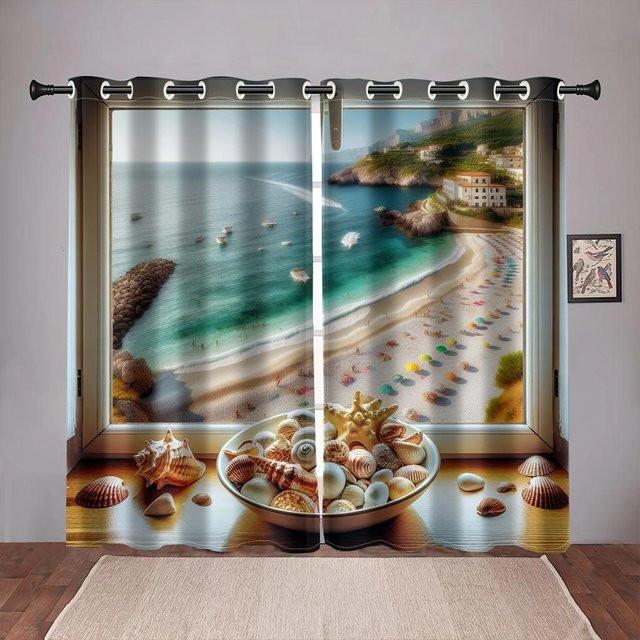Yiran Furniture Vorhänge mit Strand Ozean Muschel Naturlandschaft Motiv, halbtransparent, Polyester, Mehrfarbig, B: 50 cm, H: 130 cm, 2er-Set mit Ösen - Bild 1