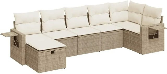 vidaXL 7-teilige Garten-Sofagarnitur in L-Form aus Polyrattan mit Kissen in Beige - Bild 1