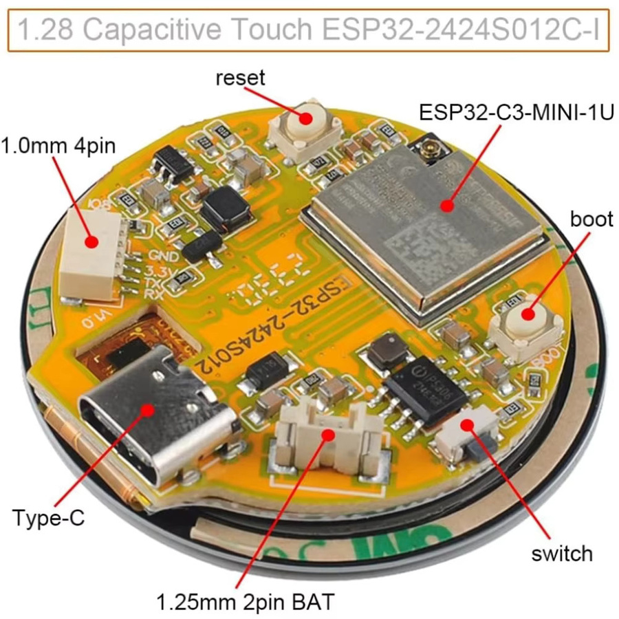 DIYmalls ESP32-C3 Rundes IPS Display mit Kapazitivem Touchscreen 1,28 Zoll 240x240 TFT LCD Modul GC9A01 in Schwarz - Bild 2
