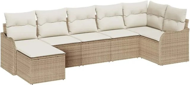 7-teiliges vidaXL Garten-Sofa-Set in L-Form aus Poly Rattan und Stahl mit Kissen in Beige und Weiß - Bild 1