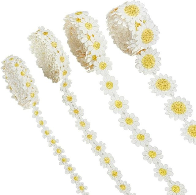 Floral bestickte Spitzenbänder mit Gänseblümchen- und Sonnenblumen-Motiv in Weiß, 12 Yards Set mit 4 Stilen, Breite: 14 mm, 18 mm, 24 mm und 36 mm - Bild 1