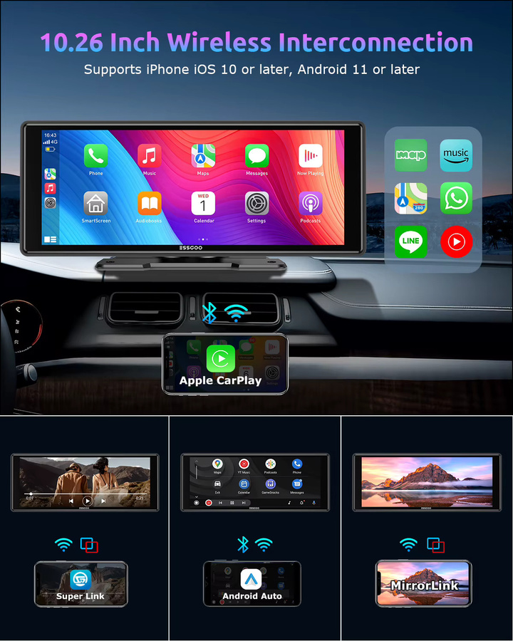 ESSGOO Universal Wireless Carplay und Android Auto Autoradio mit 10,26 Zoll Touchscreen, Mirror Link, AUX und FM Sender in Schwarz - Bild 2
