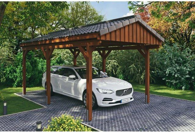 Skan Holz Carport Fichtelberg aus Fichte Leimholz in Nussbaum Braun, B/T: 317 x 566 cm, Höhe: 303 cm - Bild 1