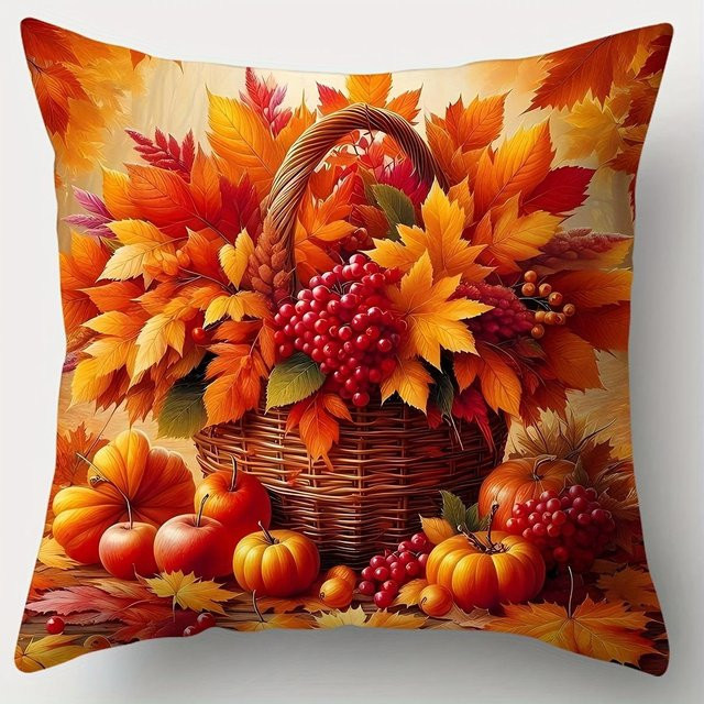 Dekorativer Kissenbezug mit Herbstblätter und Korb-Muster von Shunika Chen in Beige, B/B: 18 x 18 cm - Bild 1
