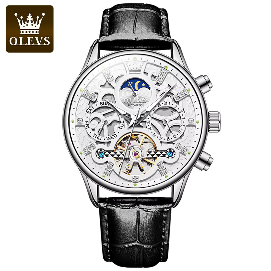 OLEVS Armbanduhr Automatik, Leder, Blau, Mondphase, Herren - Bild 7