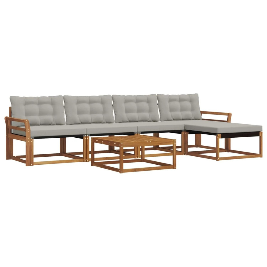 vidaXL 6-teilige Outdoor-Sofagarnitur aus Akazienholz und Textilene mit Kissen in Natur und Hellgrau - Bild 2