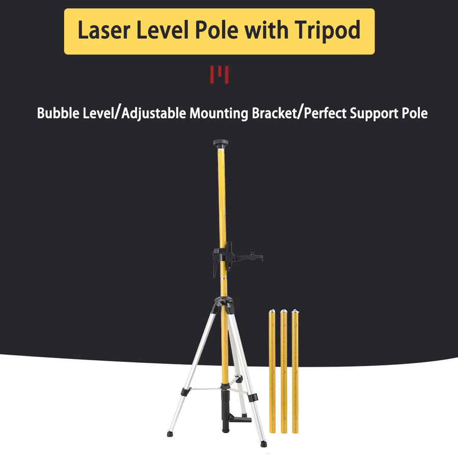 Laser-Nivellierstativ-Stange mit Feineinstellkopf und Teleskop-Verlängerung, 3,6 m Höhe, Gelb, mit 1/4" & 5/8" Gewinde für Rotationslinienlaser - Bild 4