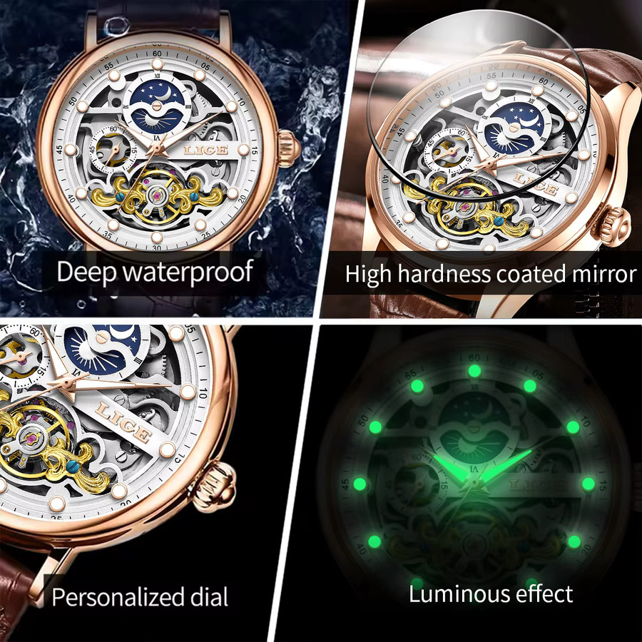 LIGE Armbanduhr Automatik, Mondphasen, Leder, Roségold, Herren - Bild 6