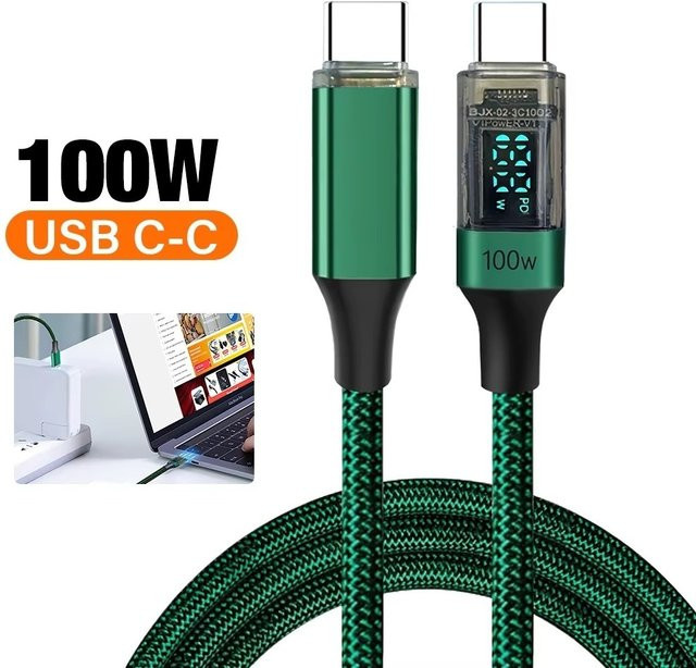 USB-C auf USB-C Ladekabel mit Digital Display für 100 W Schnellladung und Datentransfer in Schwarz oder Grün - Bild 1