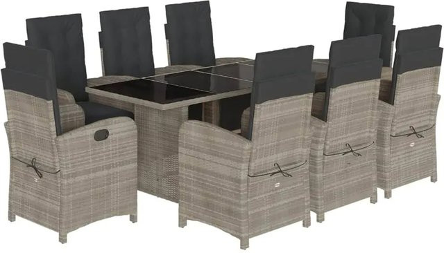 vidaXL 9-teilige Garten-Essgruppe aus Poly-Rattan in Hellgrau mit Kissen und Hartglas-Tischplatte - Bild 1