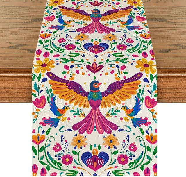 JINGYUE Pet Tischläufer aus Leinen mit mexikanischem Blumenvogel-Design für Tag der Toten Fiesta, Mehrfarbig, B: 150 cm, T: 33 cm - Bild 1