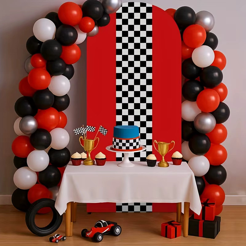 VIKAMA Hintergrundbezug mit Rennstrecken-Motiv in Multicolour für Geburtstage und Partys, elastische Dekoration mit geometrischem Design, B/H: 50 x 50 cm - Bild 2