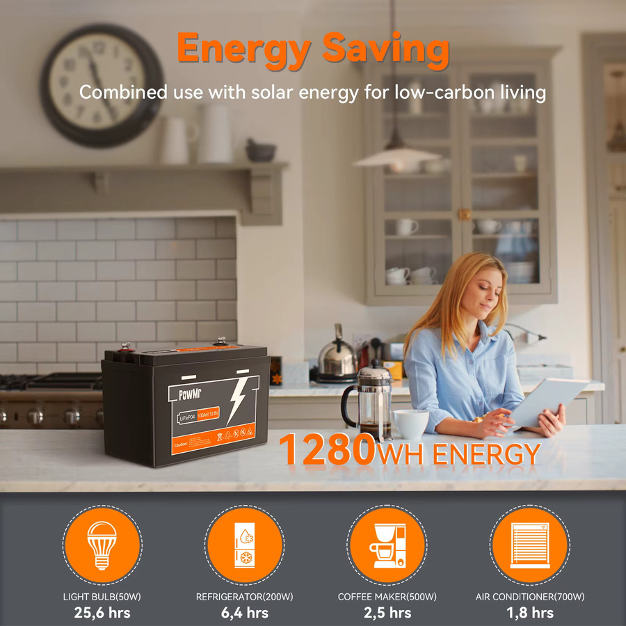 PowMr Lithium-Eisenphosphat Batterie 12,8V 100Ah in Schwarz mit BMS und Niedertemperaturheizung für Solaranlagen, Boote und mobile Stromversorgung - Bild 4
