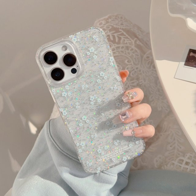 Potdemiel Koreanische Blumen-Glitzer-Handyhülle für iPhone 11 bis iPhone 17 Pro Max, transparent, stoßfeste Schutzhülle - Bild 1