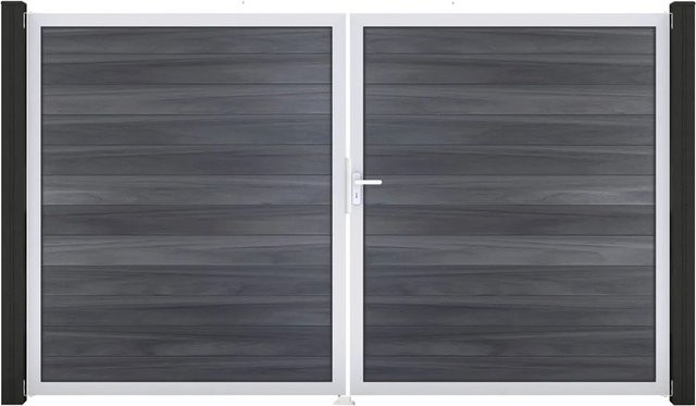 GroJa Solid Steckzaun Tor DIN Rechts EV1 in Steingrau, 2-flügelig, aus Aluminium und BPC, blickdicht - Bild 1