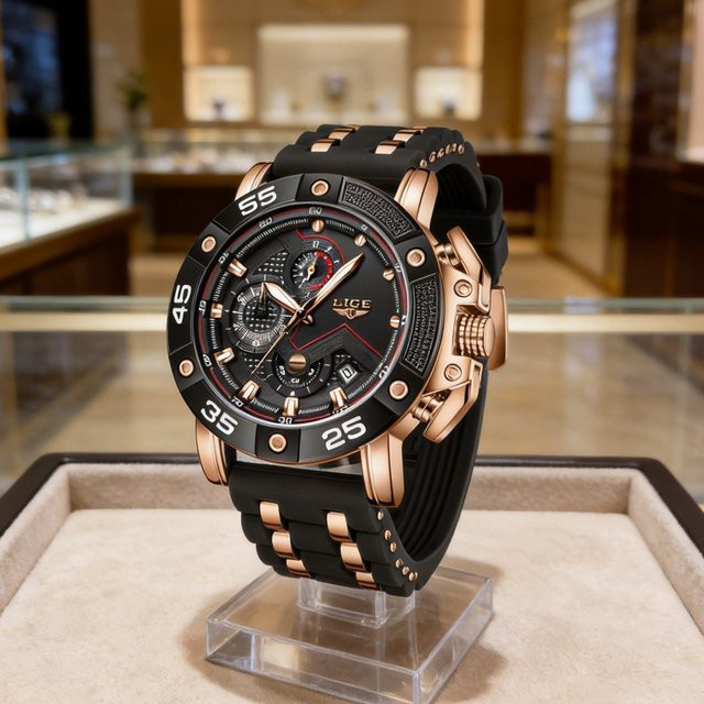 LIGE Chronograph Herrenuhr, Quarz, Silikon, Schwarz, Datum - Bild 1