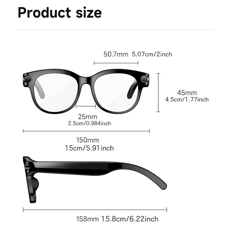 Koipsse Intelligente Kamera-Übersetzungsbrille in Schwarz mit 8-Megapixel-Auflösung, Besprechungsaufzeichnung und Musikwiedergabe - Bild 2