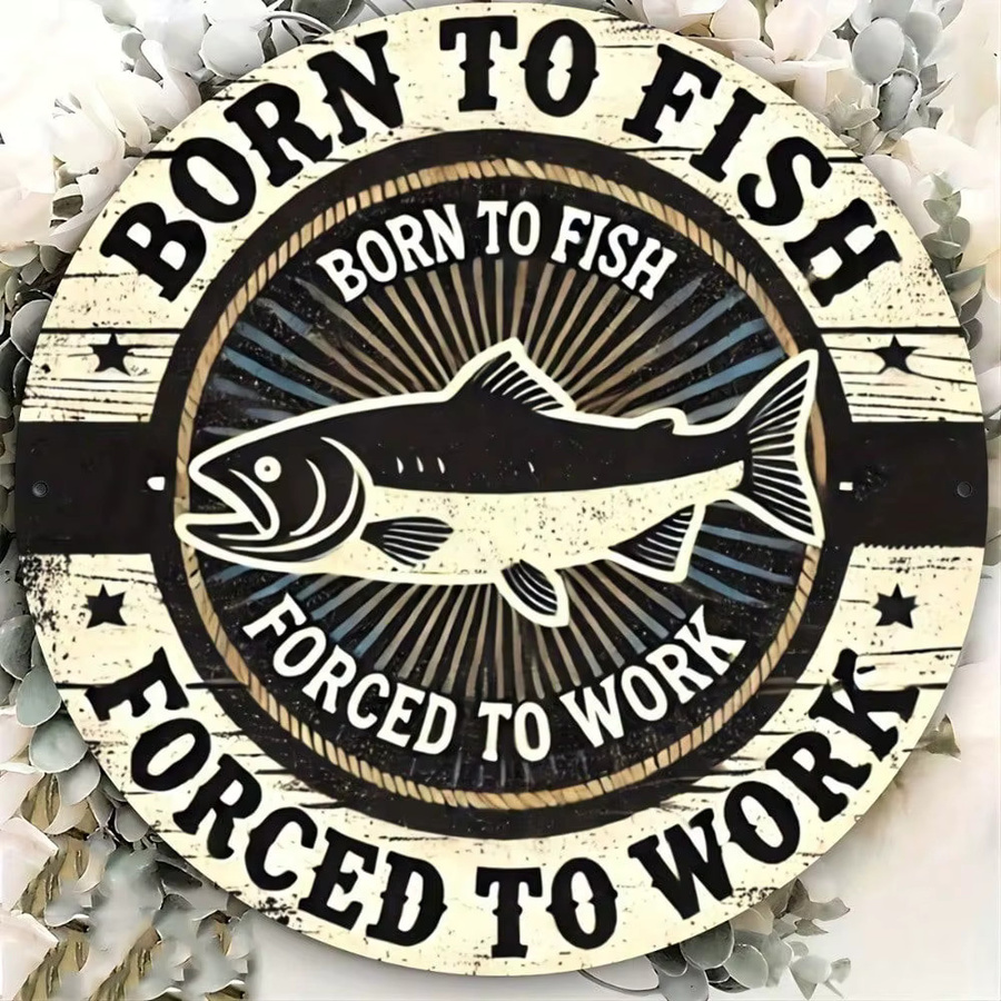 CIFBUY Born To Fish Forced To Work Retro-Wandschild aus Metall in Rund, Vintage Design, Durchmesser: 20,3 cm, Mehrfarbig - Bild 3