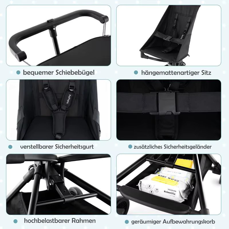 Schwarzer Reisebuggy Kompakter Leichtgewicht-Kinderwagen Flugzeugfreundlich mit Einhand-Faltfunktion und Schultergurt - Bild 7