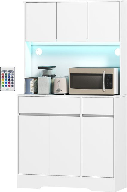 Aosom Küchenbuffet mit RGB-LED-Beleuchtung in Weiß, modernes Küchenmöbel mit 6 Türen, 2 Schubladen und Arbeitsplatte, B/T/H: 100 x 38 x 180 cm - Bild 1