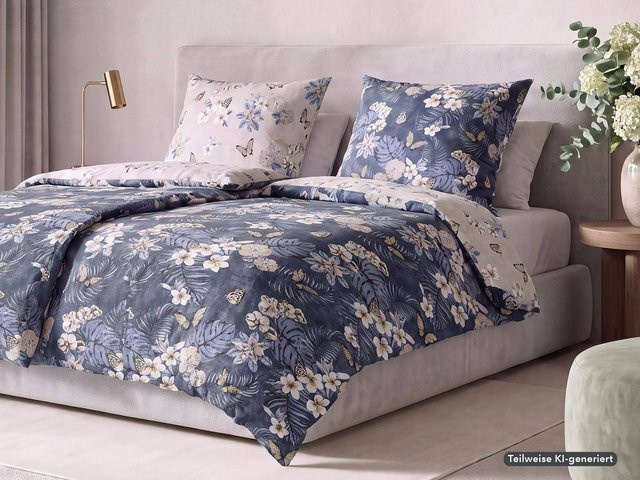 Kaeppel Pina Colada Mako-Satin Bettwäsche mit floralem Design in Blau und Weiß, B/H: 135 x 200 cm mit 80 x 80 cm Kissenbezug - Bild 1