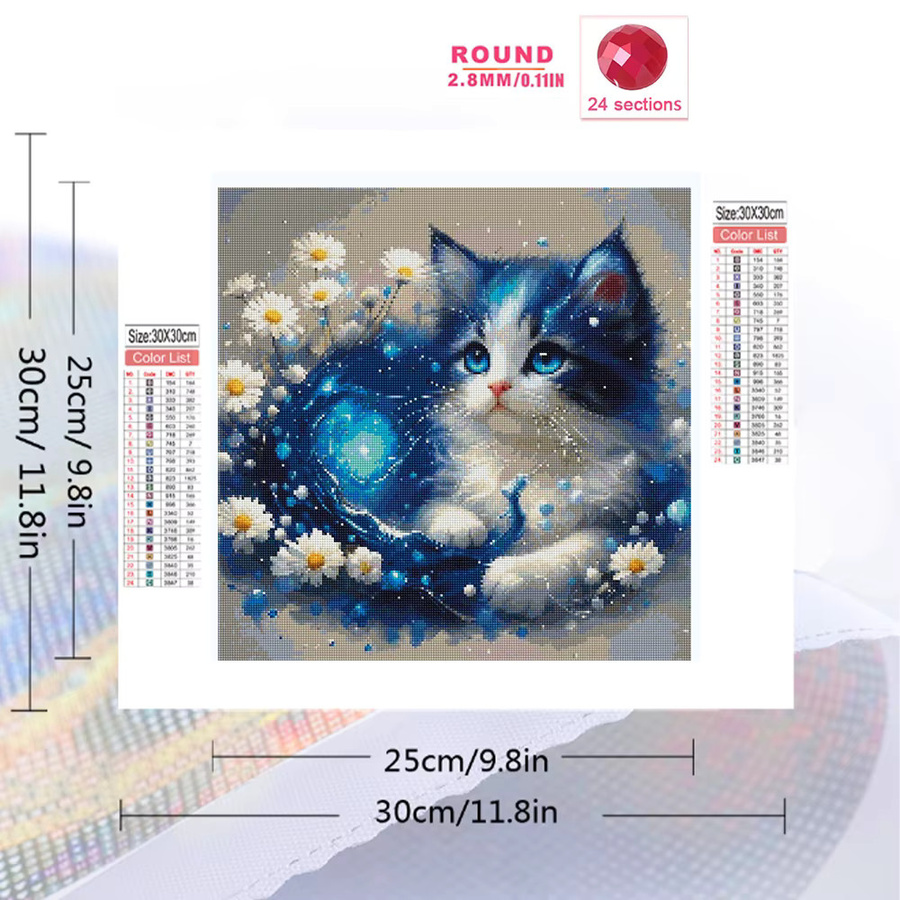 EverShine Diamant-Mosaik DIY Set Katze mit Gänseblümchen als Rund-Kreuzstich Stickerei zur Heimdekoration - Bild 2