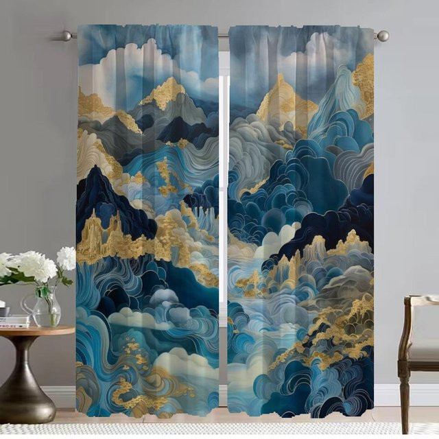 2er-Set Japanische Wellen Vorhänge aus Tüll in Blau als Raumteiler und Beschattung für Wohnzimmer und Schlafzimmer, Breite: 50 cm, Höhe: 70 cm - Bild 1