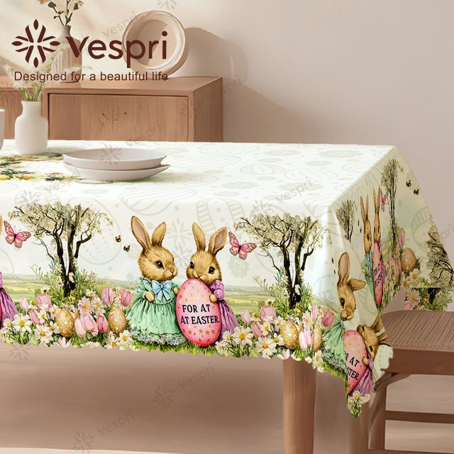 Vespri Oster-Tischdecke mit Hase, Schmetterling und Blumen in Weiß und Rosa für Partys und Feste - Bild 1