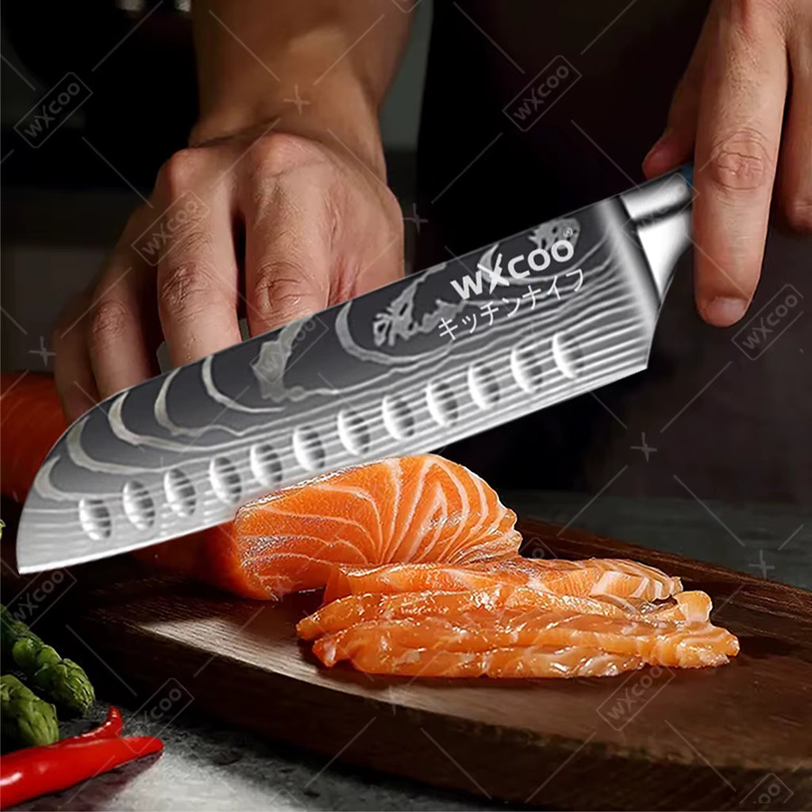 WXCOO Professionelles Japanisches Santoku-Küchenmesser mit Damaszener-Muster und blauem Kunstharzgriff - Bild 2