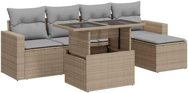 vidaXL 6-teilige Garten-Sofagarnitur aus Poly-Rattan in Beige-Grau mit Kissen und Armlehnen - Bild 1