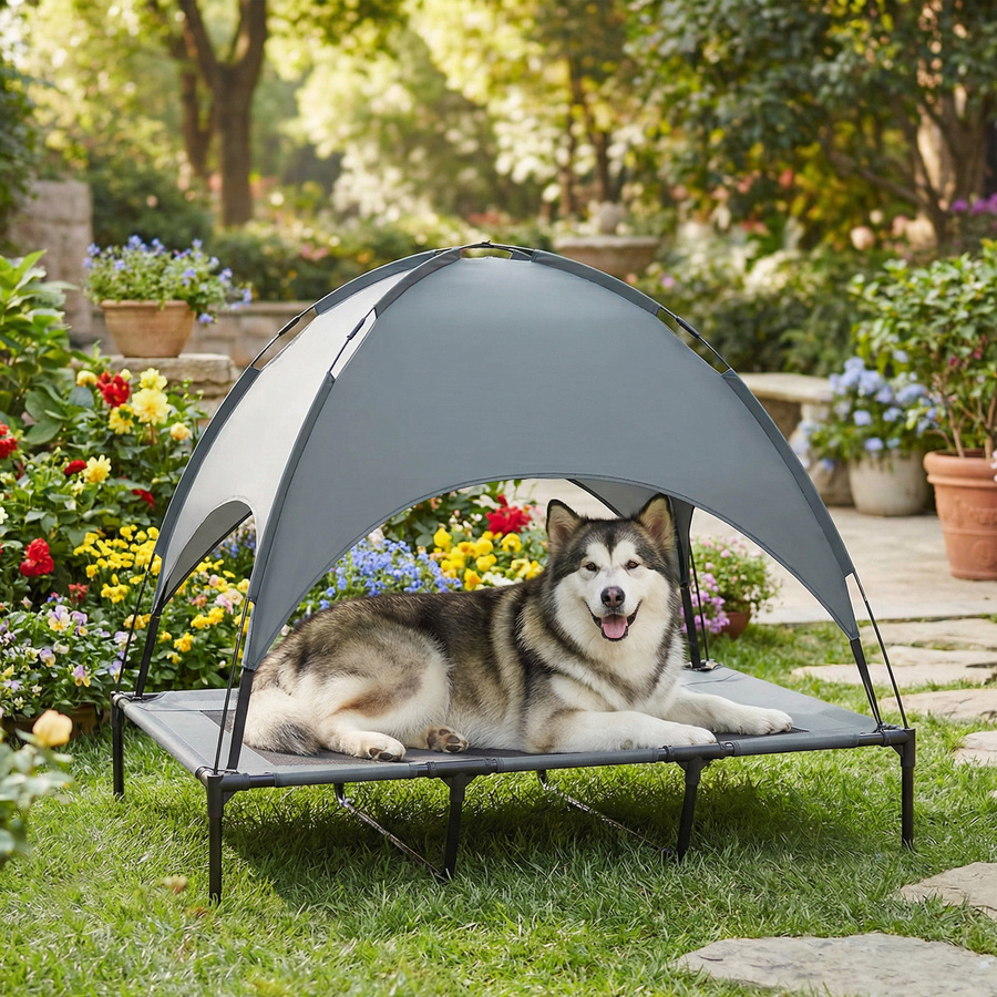 PawHut Haustierbett mit Baldachin für Hunde in Grau, erhöhtes Outdoor Hundebett aus atmungsaktivem Taftstoff, B/T/H: 122 x 92 x 108 cm - Bild 2