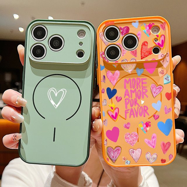 MOESOE Magnetische Handyhülle mit buntem Herzmuster für iPhone 17 16 15 14 13 Pro Max inklusive Linsenschutz und MagSafe Kompatibilität, Pink/Multicolour - Bild 1