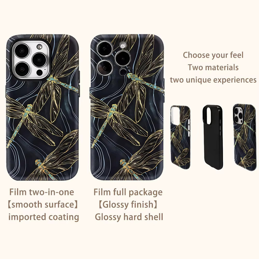 Goldene Handyhülle mit Libellen-Silhouette für iPhone 17 Pro Max, 16, 15, 14, 13, 12, 11 und weitere Modelle mit doppellagiger Rückseite - Bild 3
