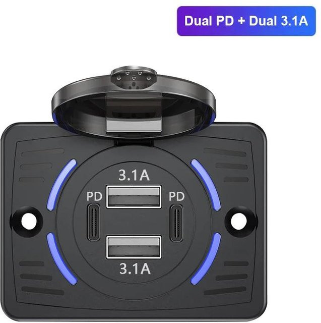 YJMP Dual-USB Autoladegerät mit QC3.0 und PD Schnellladung, 12V-24V Steckdosenpanel-Adapter mit Schiebekappe für LKW, Wohnmobil und Wohnwagen, Schwarz - Bild 1