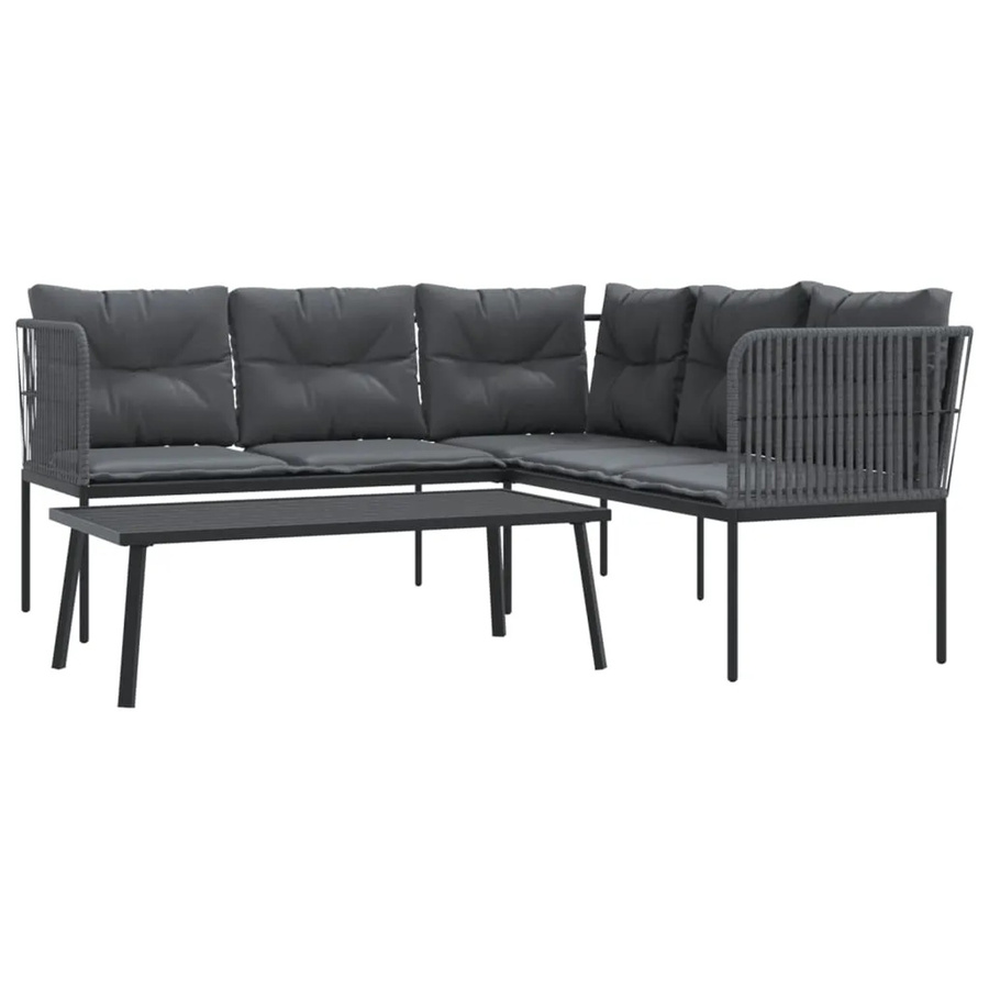 vidaXL Garten-Sofagarnitur in L-Form mit Tisch und Kissen, Schwarz, Stahl und Textilene - Bild 2