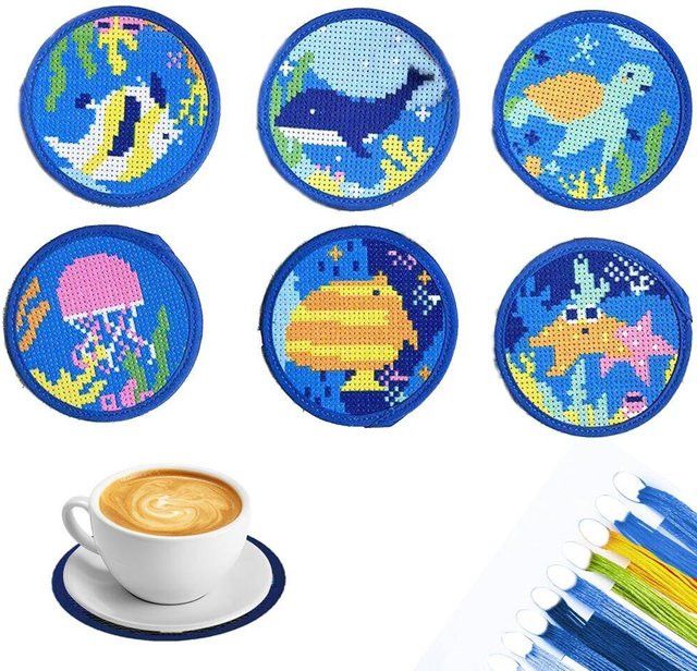 EverShine Untersetzer Set mit Kreuzstich-Stickerei Meerestiere Schildkröte Qualle Delphin Fisch Multicolor, 6 Stück - Bild 1