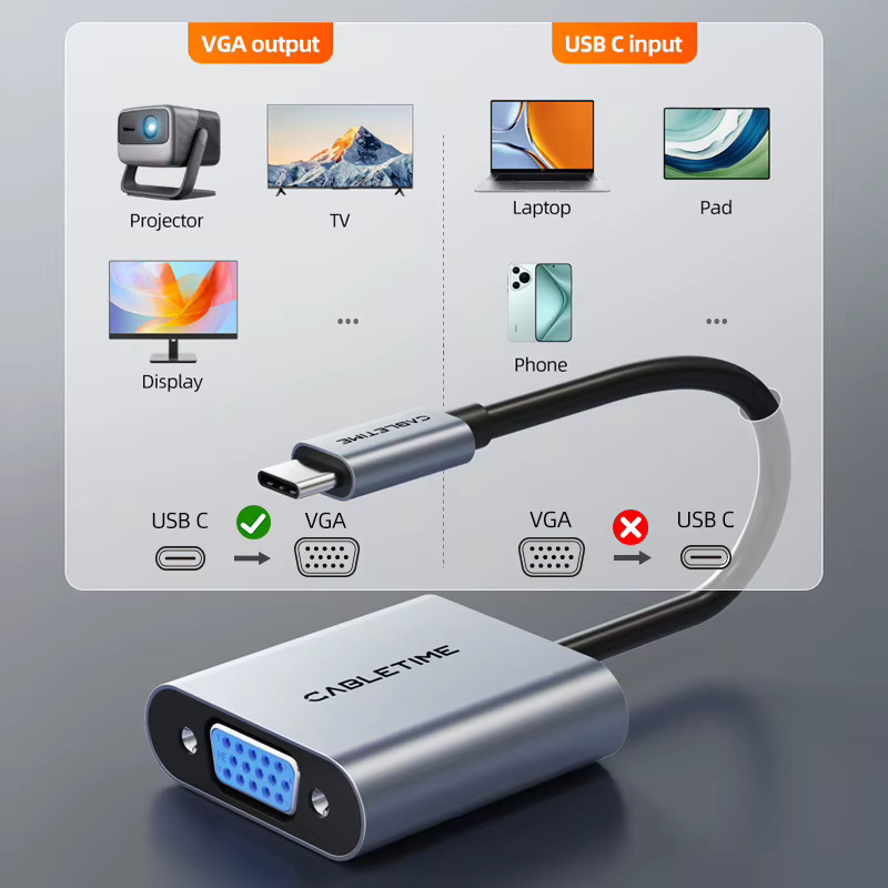CABLETIME USB-C-auf-VGA-Adapter in Silber für HD 1080p bei 60 Hz zur Verbindung von Laptop, Tablet oder PC mit TV oder Monitor - Bild 4