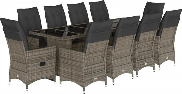 vidaXL 11-teiliges Garten-Bistro-Set aus Poly-Rattan in Grau mit Kissen aus Polyester und pulverbeschichtetem Stahl - Bild 1