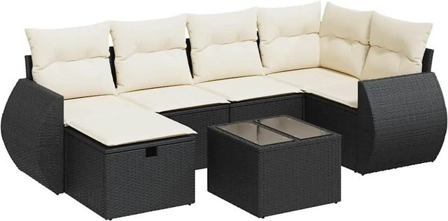 vidaXL 7-teilige Garten-Sofagarnitur in L-Form mit Kissen und Ottoman, Schwarz, Poly-Rattan und Metallrahmen - Bild 1